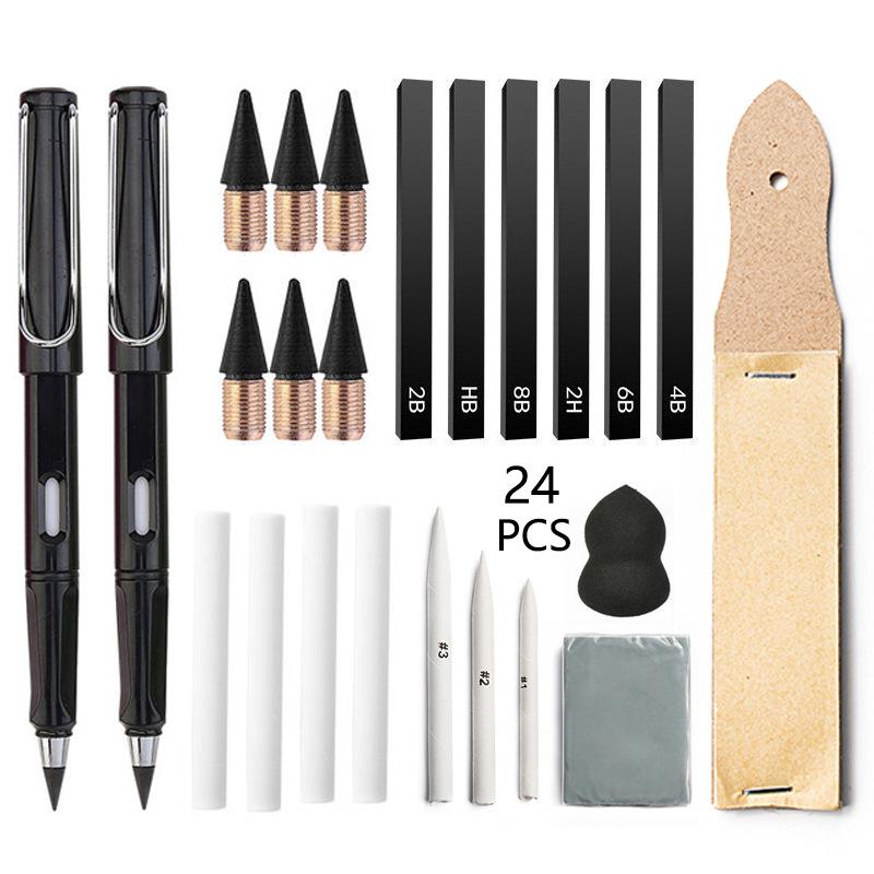 24-Piece Sketching Toolkit: Carbon Sticks, Highlight Paper, Erasers, Frosted Board, and Eternal Pencil