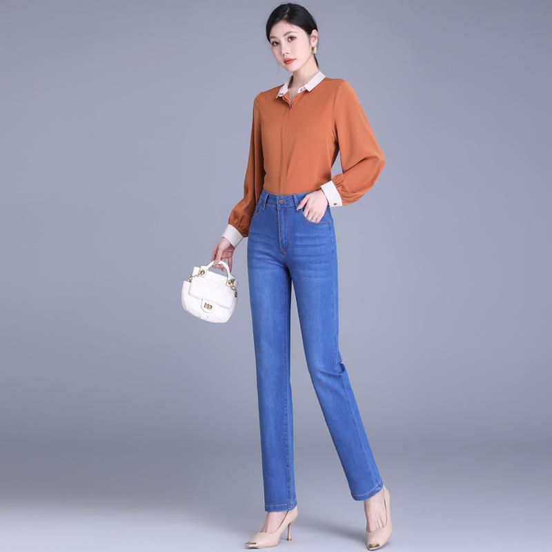 Straight Leg Stretch Jeans Women's High Waist Slimming Middle-aged Women Slim Casual Pants