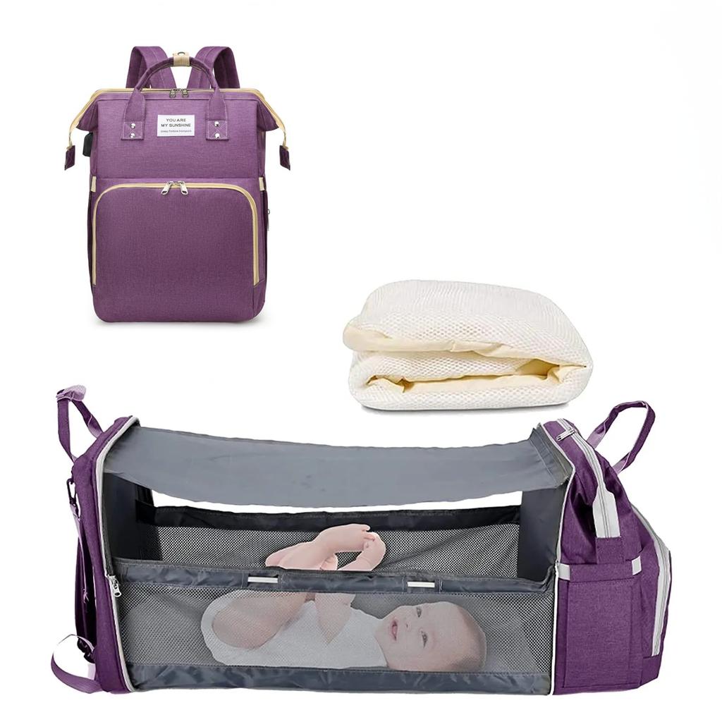 3 In 1 Diaper Bag Backpack Foldable Baby Bed Waterproof Travel Bag with USB Charge Diaper Bag Backpack with Changing Bed 3 Types