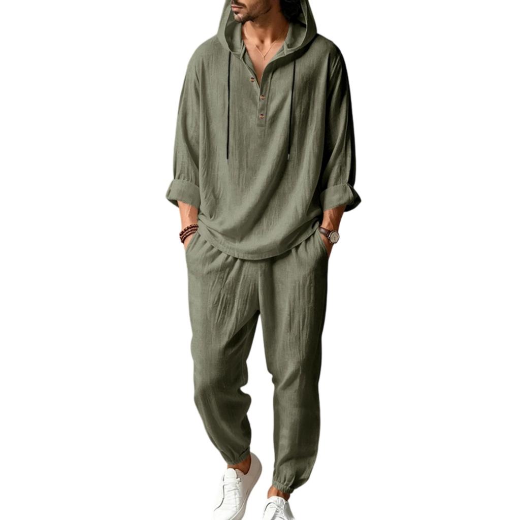 Men's Linen Hooded Two-Piece Set: Half-Zip Long Sleeve Shirt and Jogger Pants for Beach Vacation