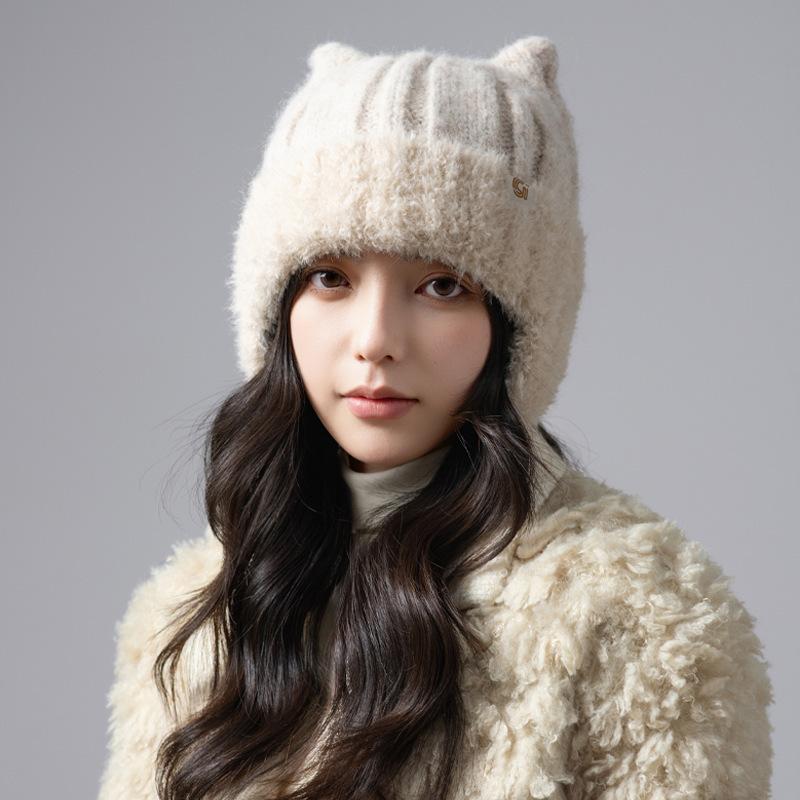 Cute cat ears knitted wool hat women's autumn and winter super cute headgear outdoor windproof ear hat