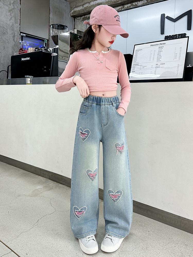 Girls' Loose Wide-Leg Jeans - Korean Style, Spring/Autumn Fashion, Casual Straight Leg Pants for Middle & Big Kids