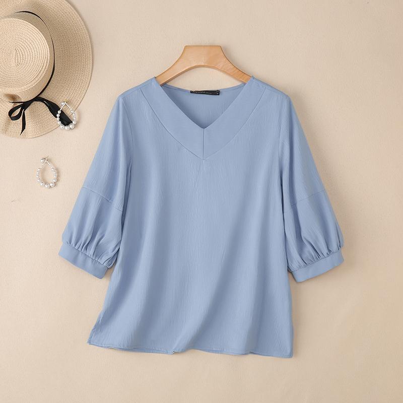 ZANZEA Women Casual V-Neck Solid Color 3/4 Sleeve Blouse