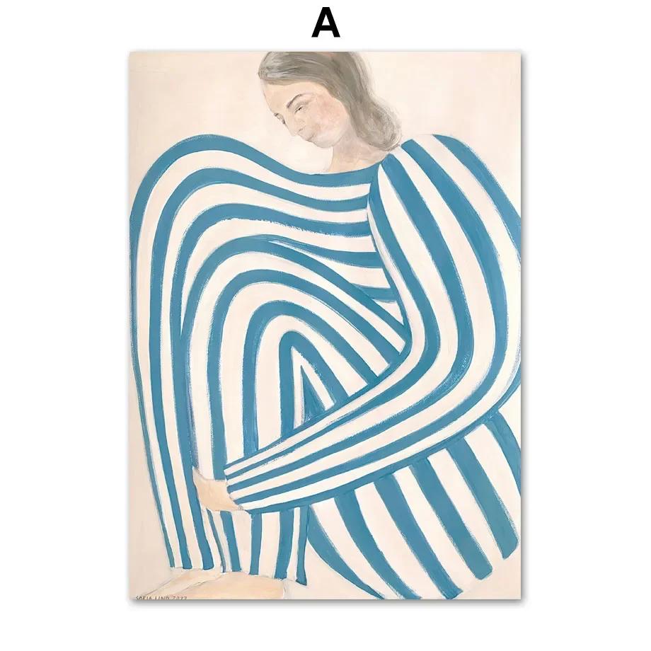

Abstract Women Curvy Pajamas Striped Posters and Prints, Line Geometry, Botanical Wall Art, Canvas Painting, Living Room, Home D 21x30cm No Framed