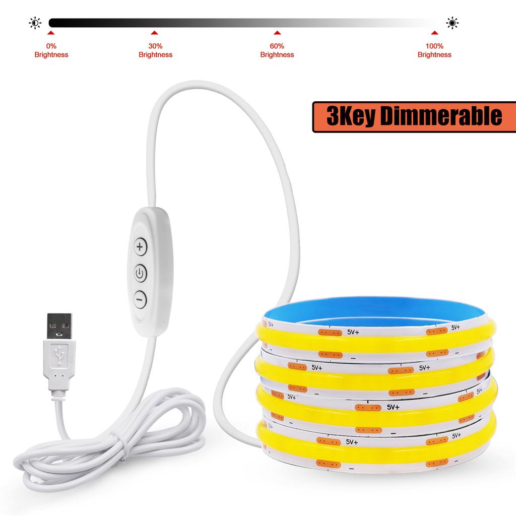5V USB ON/OFF/Touch Dimmerable COB Strip 320Leds White 3000K 4000K 6000K Home Decor Cabinet Lamp Flexible Ribbon Rope LED Light