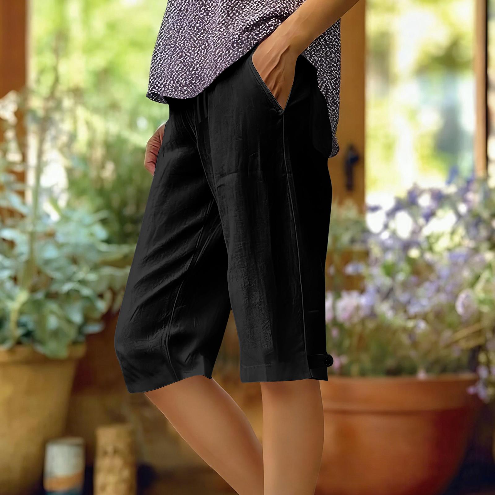 Women s Drawstring Five-point Pants, Casual Five-point Pants, Cotton And Linen With Pockets L чёрный