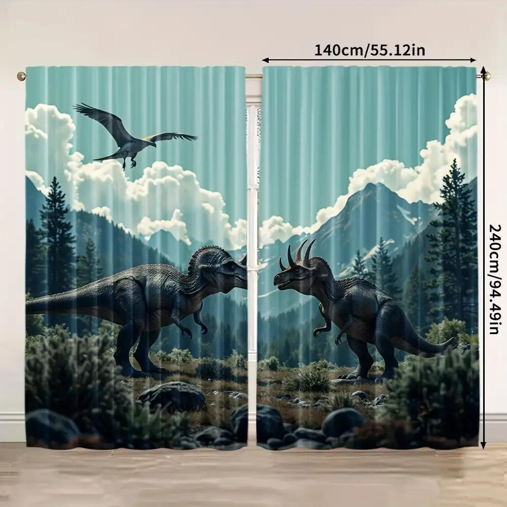 2pcs Dinosaur Silhouette Blackout Curtains - Thermal Insulating Room Darkening Window Drapes with Dinosaur Print