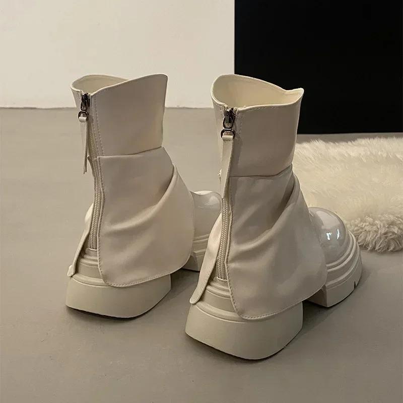 Women Soft Leather Chelsea Boots Woman Winter Ankle Boots Square Toe Flats Platform Shoes Fashion Ladies Short Pants Botas Goth