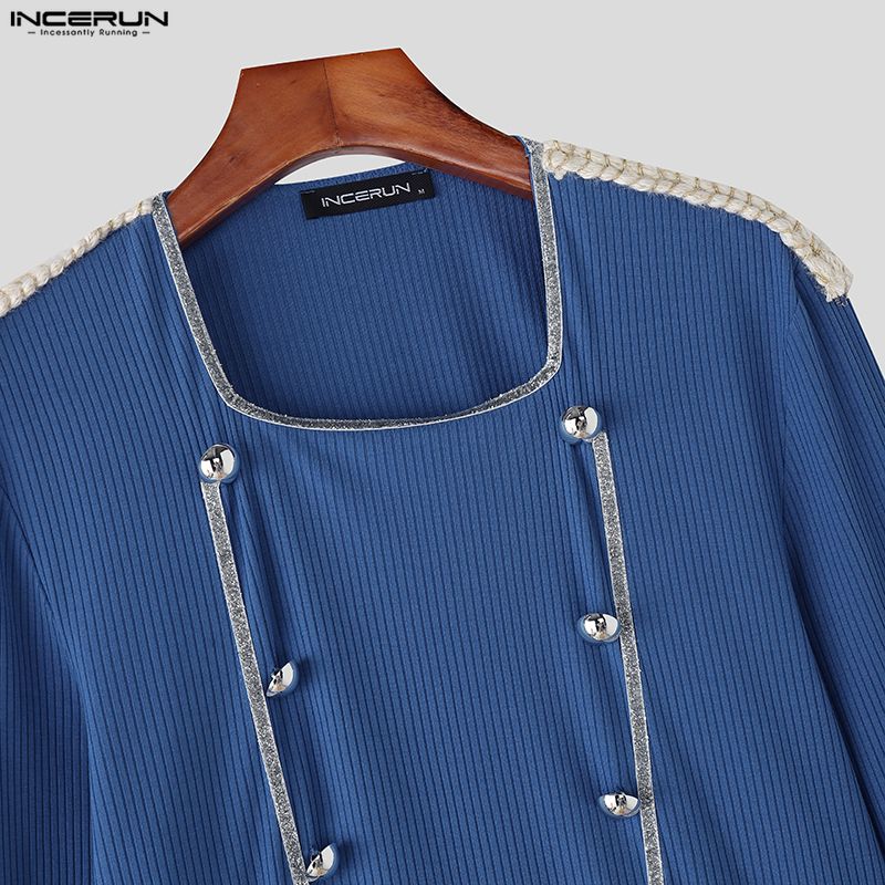 INCERUN Men's Square Collar Long Sleeve Patchwork Buttons Fitted Cropped T-shirts Tops