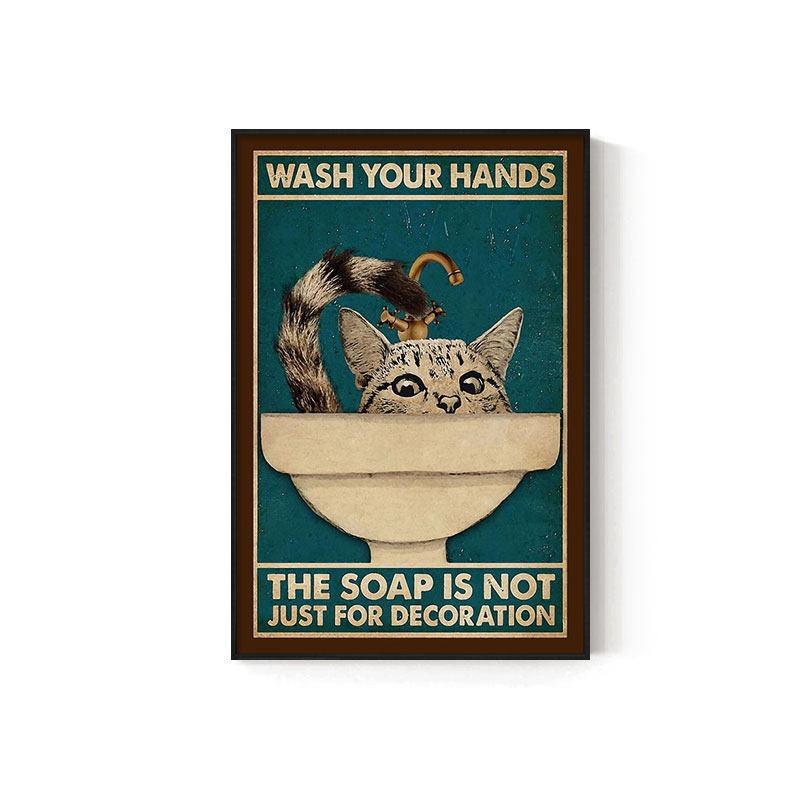 Retro Kitten Cartoon Canvas Painting Bathroom Toilet Poster Toilet Children's Room Decoration Painting for Modern Living Room Asian Style Home Decor
