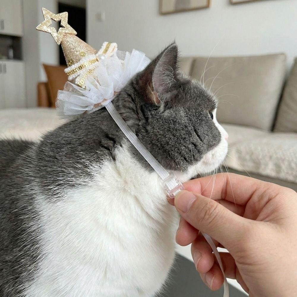 Adjustable Cat Birthday Party Hat Star Sequins Cat Princess Hat  for Cats and Dogs