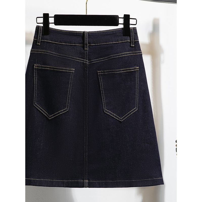 South Korea Dongdaemun Retro Professional High Waist A- Line Slimming Dark Blue Fashion Tape Denim Skirt Skirt M-4XL