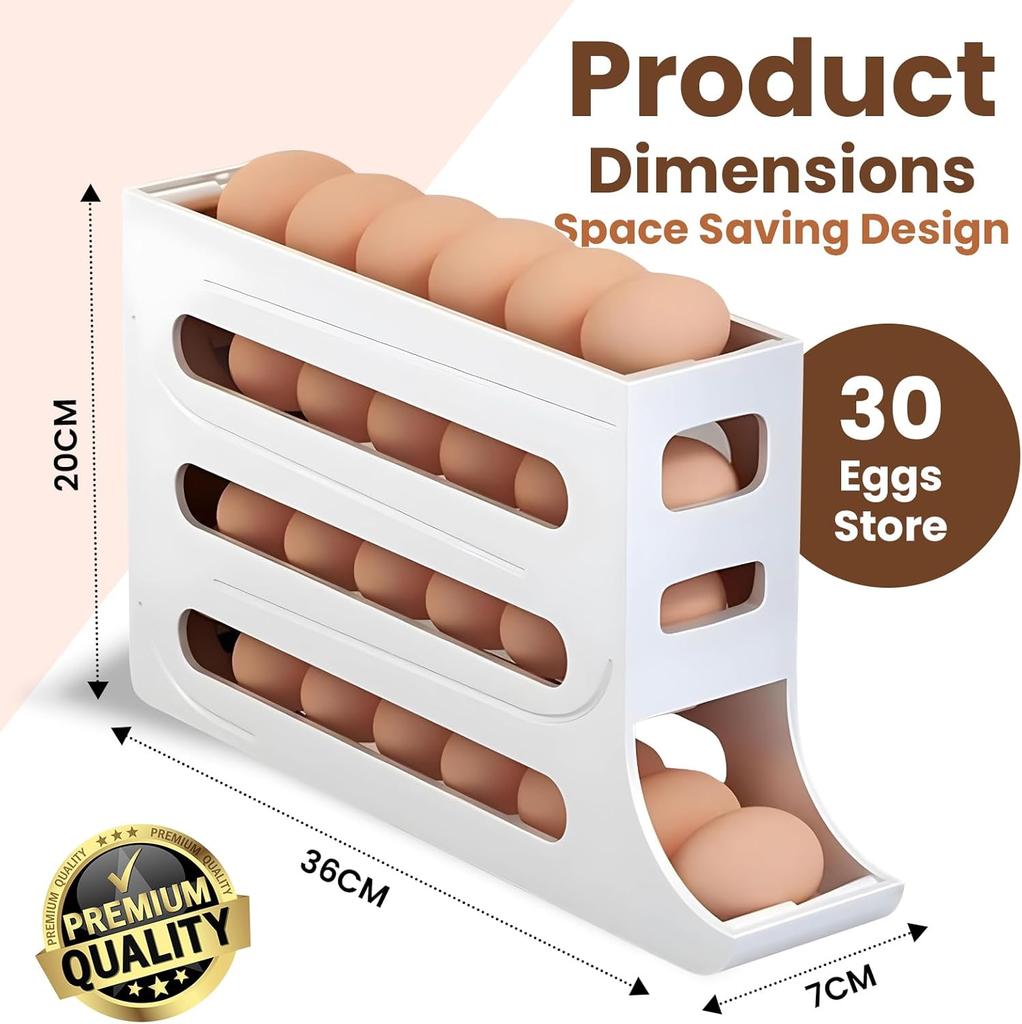 30 Egg Refrigerator Holder - Automatic Rolling Refrigerator Egg Organizer, Space Saving Egg Dispenser, 4 Tier Egg Holder Organiz