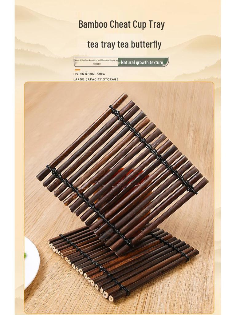 Retro Bamboo Tea Ceremony Coaster Set: Heat Insulation Placemat, Woven Tea Mat, Purple Bamboo Ornament, Tea Accessories.