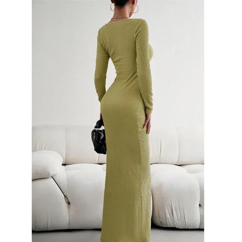 Sexy módní šaty se čtvercovým výstřihem Dámské Elegantní šaty s dlouhým rukávem Úzký střih Pletené šaty Kancelář-lady Pevné dámské oblečení 30296