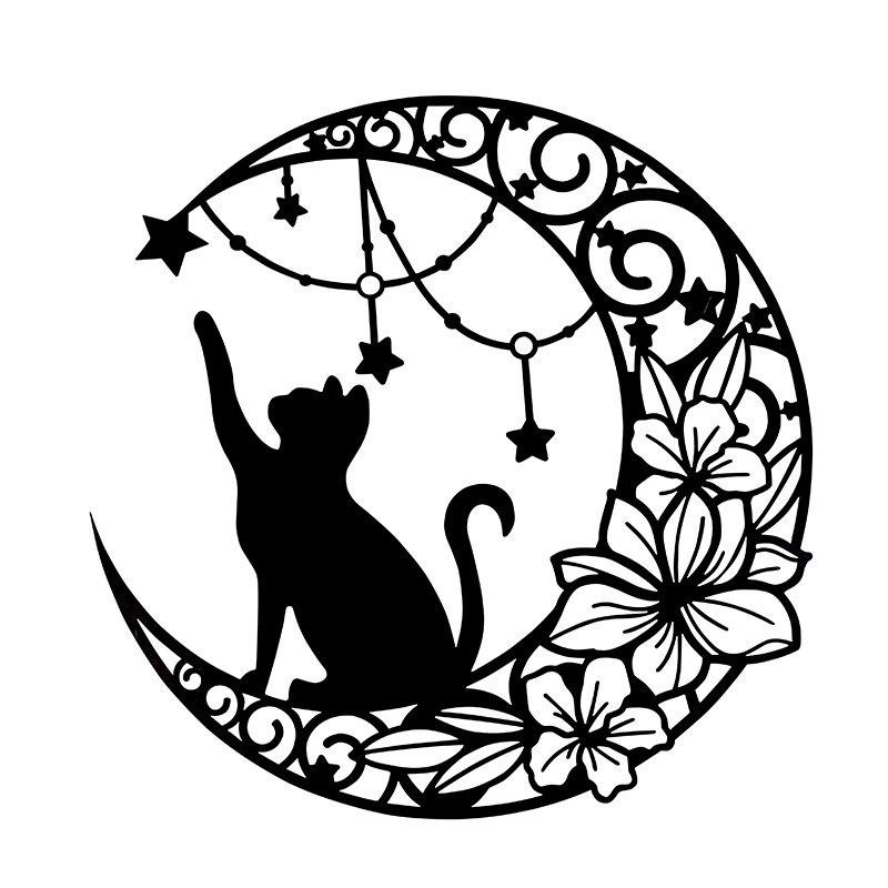 Wrought Iron Moon & Black Cat Silhouette Wall Ornament