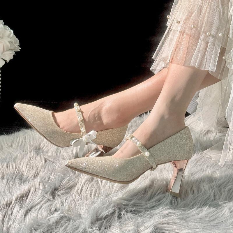 Fashion Temperament 2025 New Versatile Pearl Mary Jane Block Heel Single Shoes