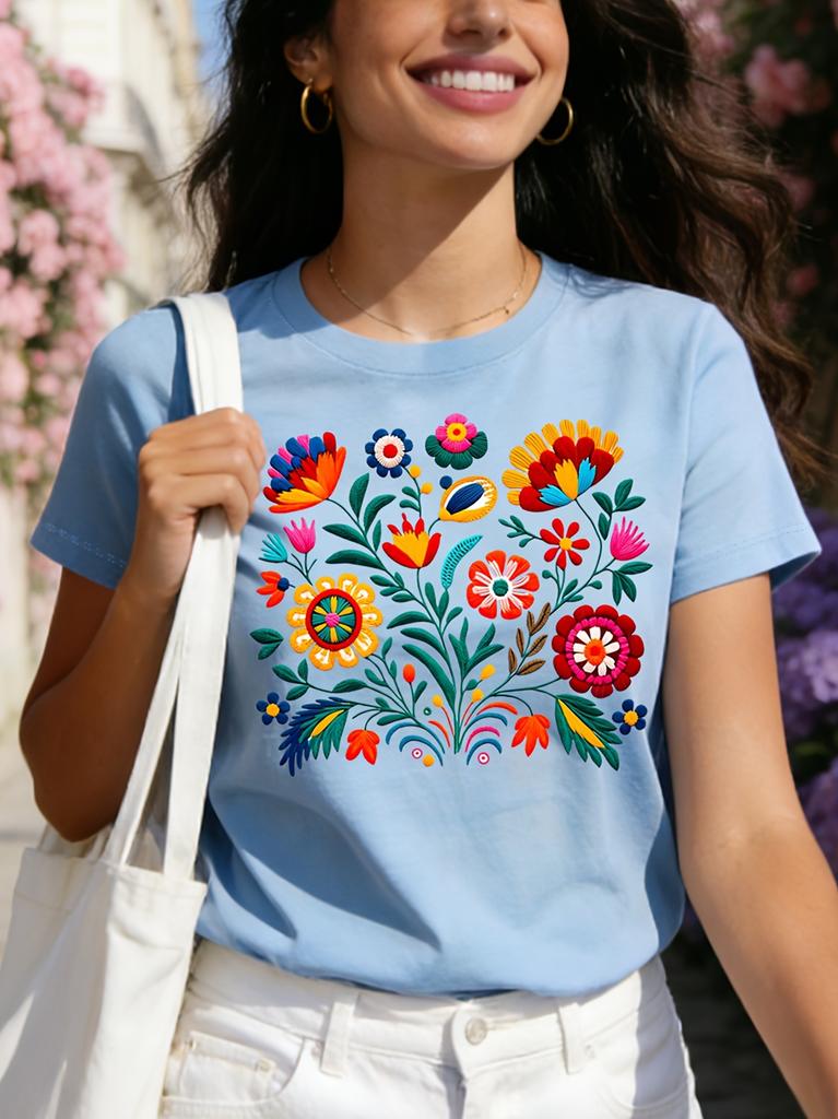 Mexican Embroidery Floral Women's Tee - Vibrant Folk Art Graphic, Casual Black Top