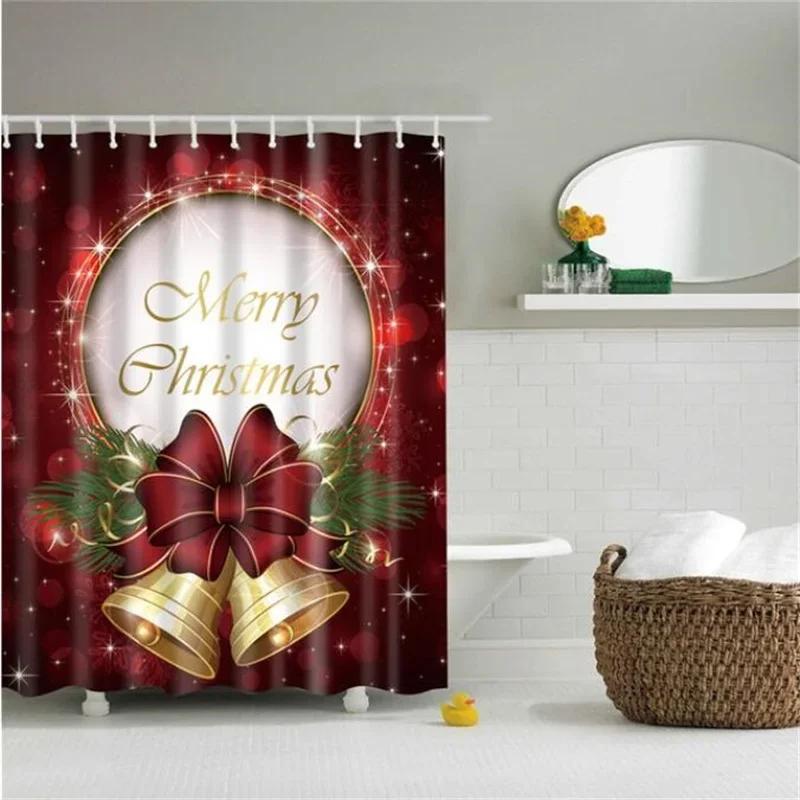 Merry Christmas Shower Curtain Christmas Home Decor Snowman Santa Claus Bathroom Curtain Polyester Fabric Bath Screen with Hoo