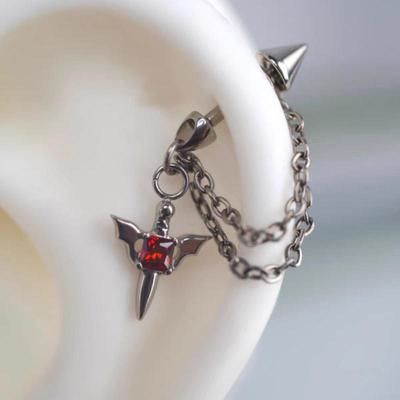 Red Zircon Wing Chain Piercing Earring For Women Men Gothic Silver Color Rivet Ear Bone Nail Earring Y2K Jewelry Accessories