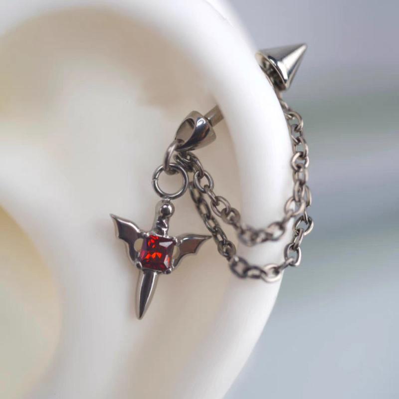 Red Zircon Wing Chain Piercing Earring For Women Men Gothic Silver Color Rivet Ear Bone Nail Earring Y2K Jewelry Accessories