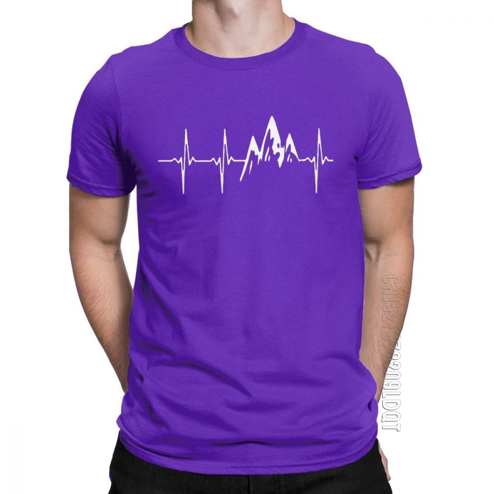 Mountain In My Heartbeat TShirts For Men Hiking Walking T Shirt Climbing Graphic Basic Tees Crewneck Pure Cotton Clothes Gift