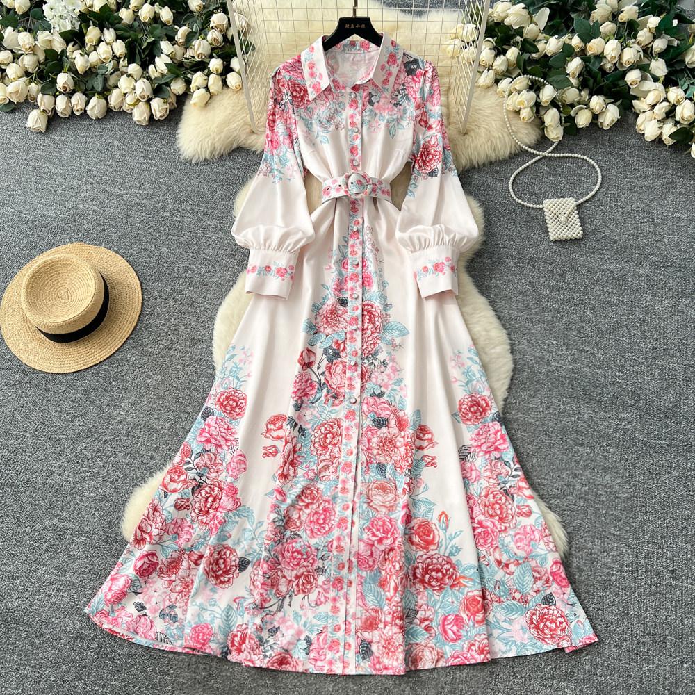 

French Style Retro Elegant Shirt Dress Women Single-breasted Flower Print Long Party Dress Female Casual Chic Festival Clothing New 2XL рожевий