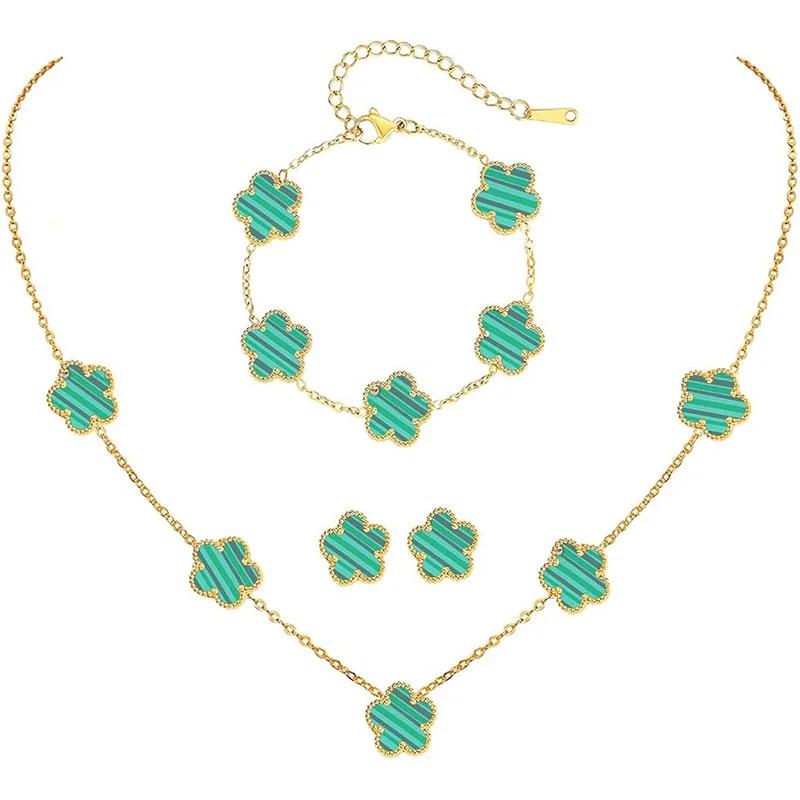 Conjunto de Joias Trevo Cor Prata para Mulheres Aço Inoxidável Hipoalergênico À Prova D'água Brincos Flor Colar Corrente Pulseira Novo