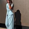 European and American Design Short-sleeved Suit Wide-leg Trousers Set Elegant Temperament Versatile Sky Blue Two-piece Set Women