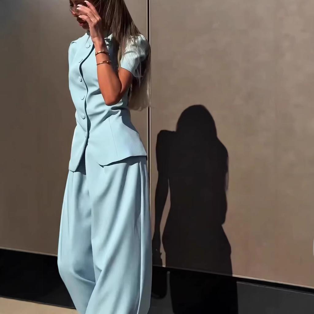 European and American Design Short-sleeved Suit Wide-leg Trousers Set Elegant Temperament Versatile Sky Blue Two-piece Set Women