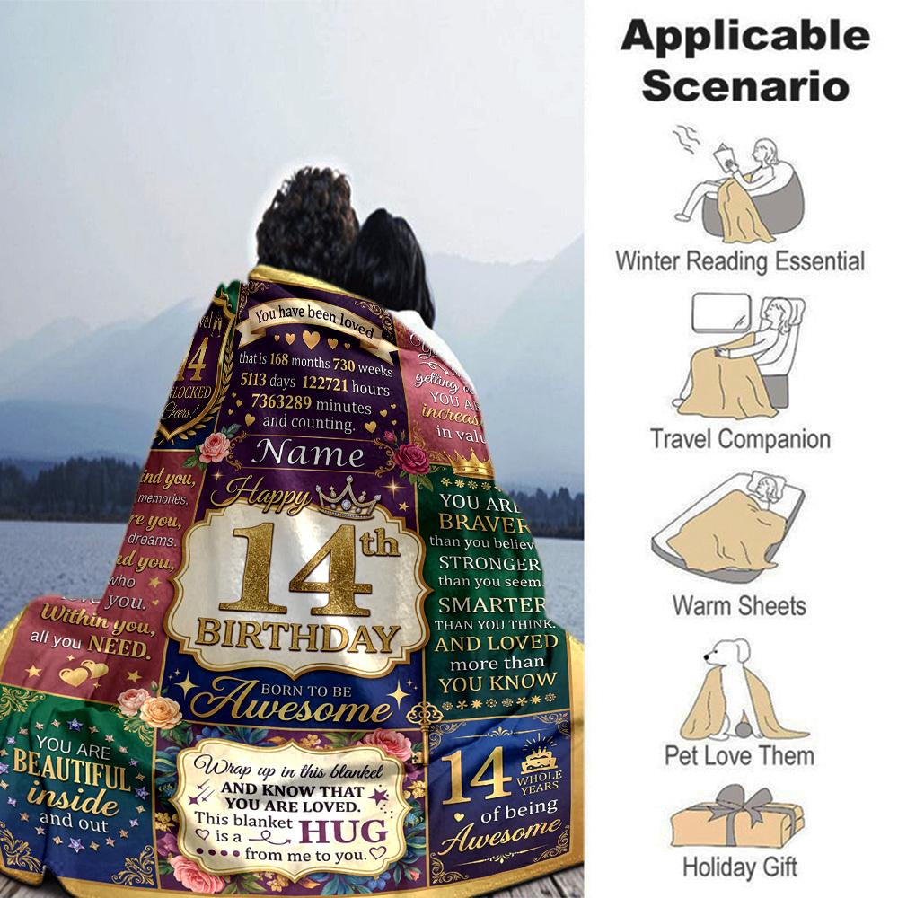 14Th Birthday Celebration Blanket Personalized Name Soft Warm And Versatile For Sofa Bed Office And Travel Machine Washable Comfortable In All Seasons