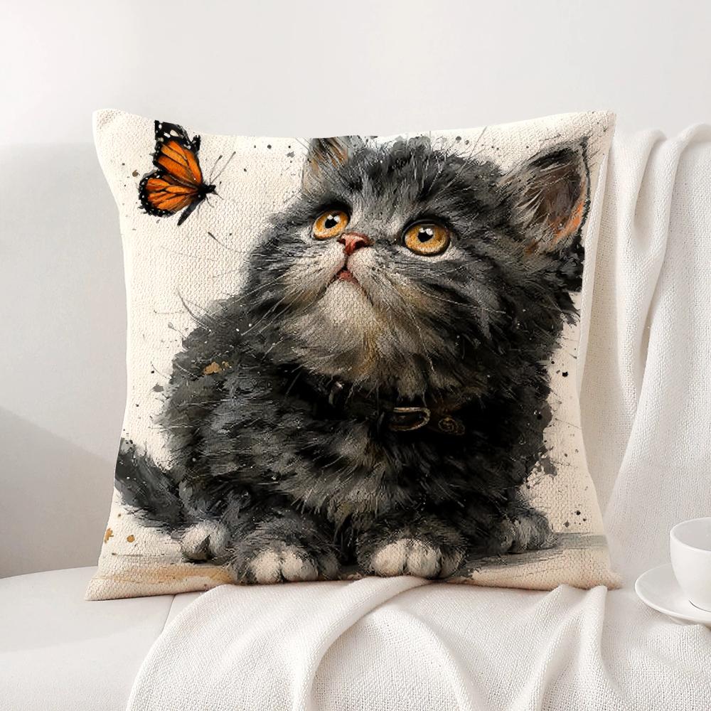 Cute Cat and Flower Cushion Cover Natural Linen Organic Fabric DoubleSided Printing Sofa Home Decor Gift Pillow Cover