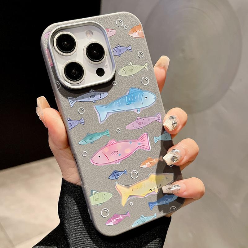 Cute Little Fish Phone Case For iPhone 16 Cases for iPhone 15 14 13 Pro Max 16e Magnetic For Magsafe Wireless Charge Leather Texture Silicone Cover