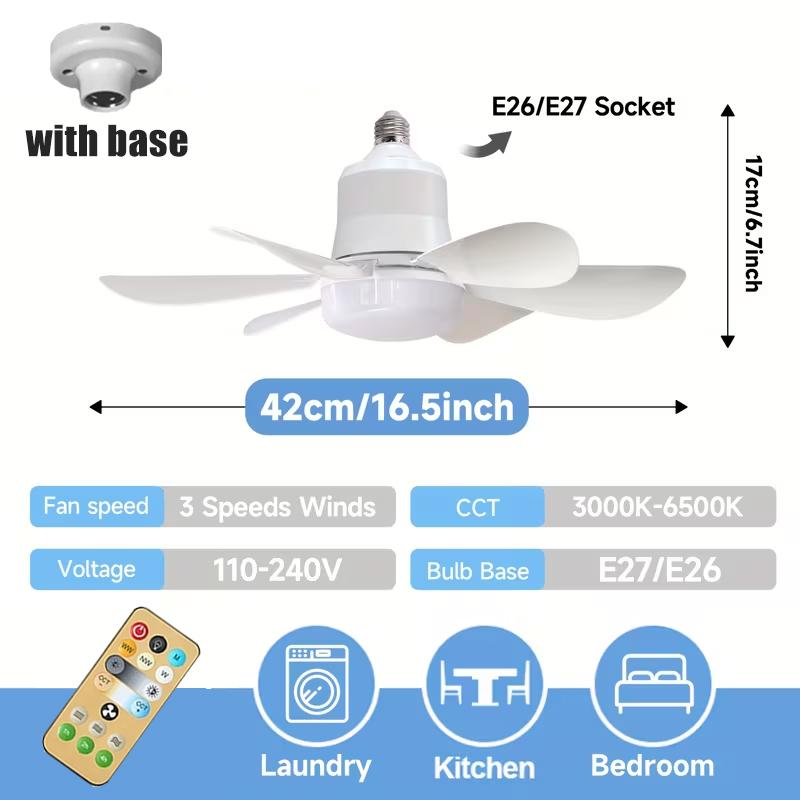 E26/E27 Socket Ceiling Fan Lights Ultra-Quiet with Remote Control 6 Blades Adjustable 3-Speed Airflow for Home Bedroom Lighting