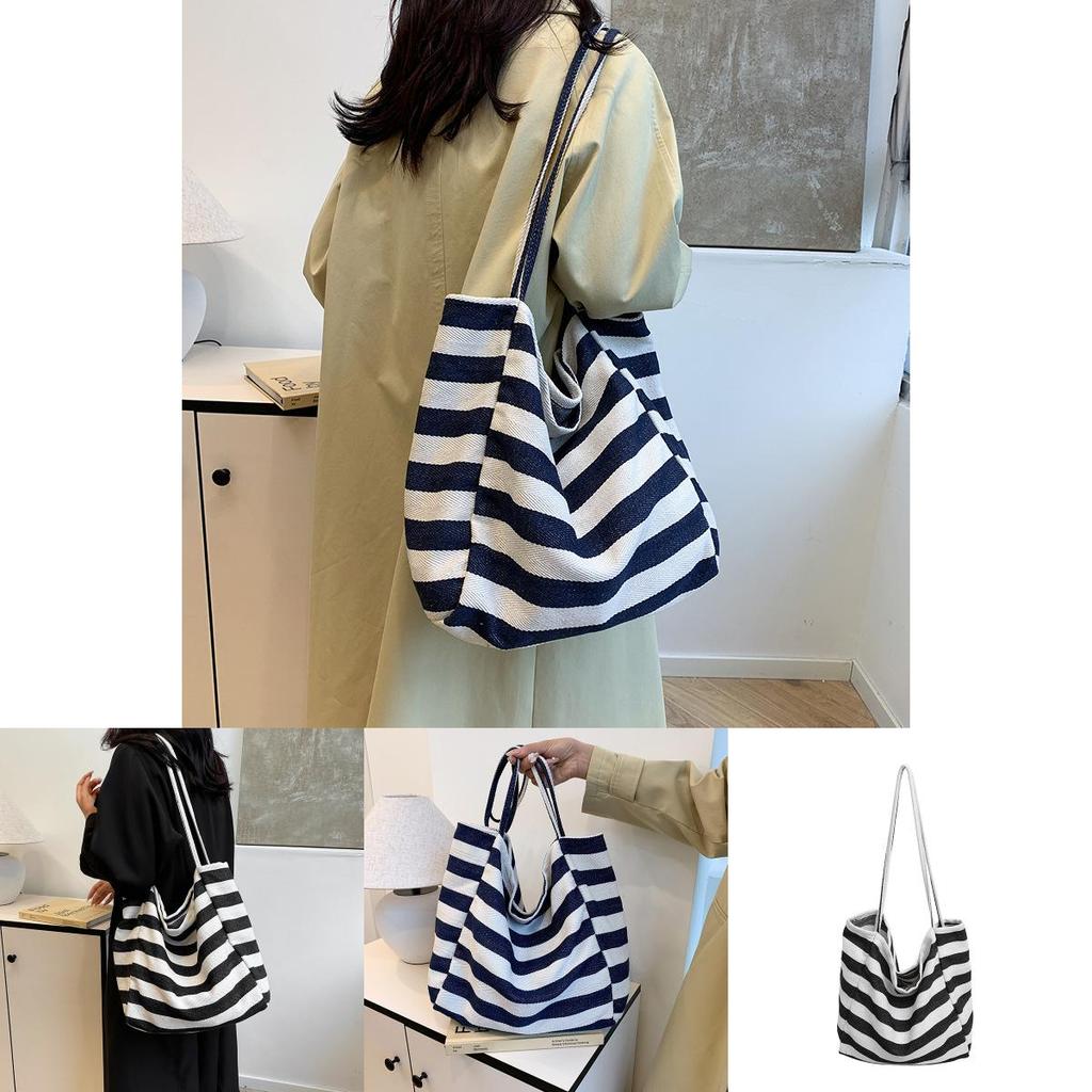 Stylish Korean Ins Color Block Striped Canvas Tote Bag Large Capacity For Shopping