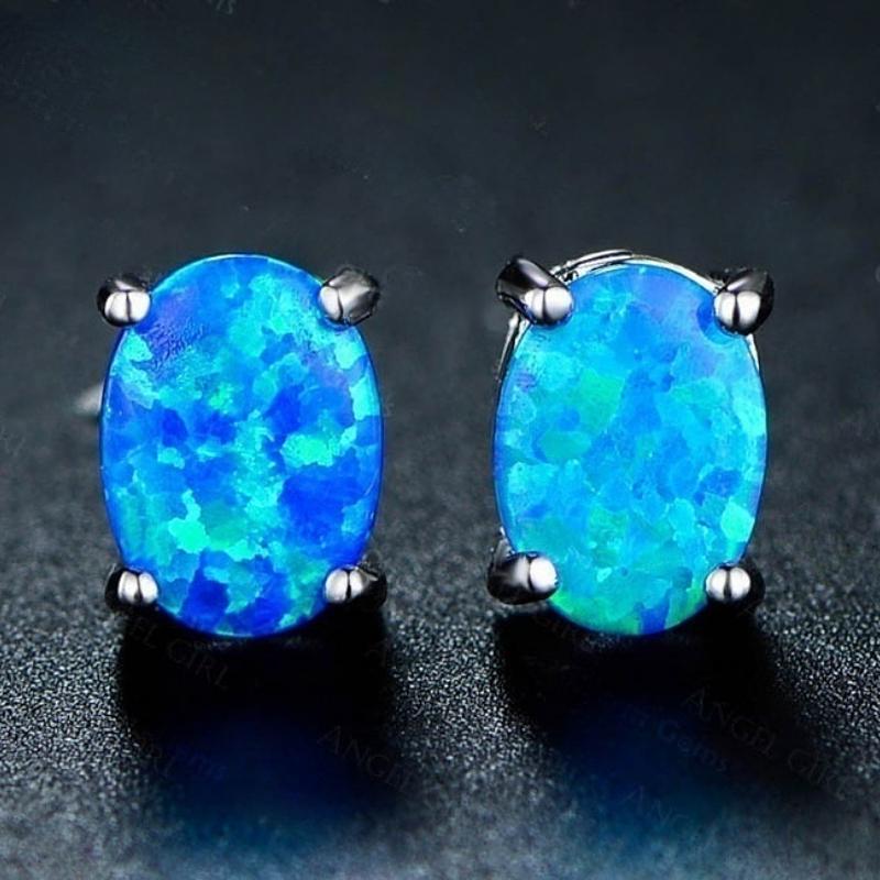 New Cute Female Blue Fire Opal Stud Earrings Boho copper Color Wedding Jewelry Small Round Double Earrings for Women Girls