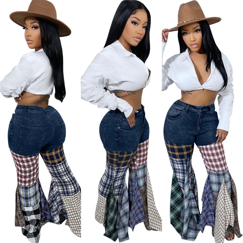 Women's Mid Rise Flared Jeans Medium Stretch Streetwear Multi Plaid Patchwork Ruffled Hem Ice Washed Denim Bell Bottom Trousers