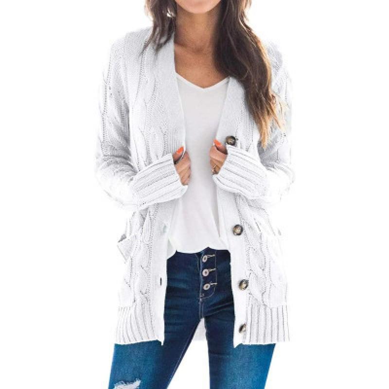 Womens Loose Fit Cable Knit Cardigan Sweater V-Neck Long Sleeve Mid-Length Casual Outerwear