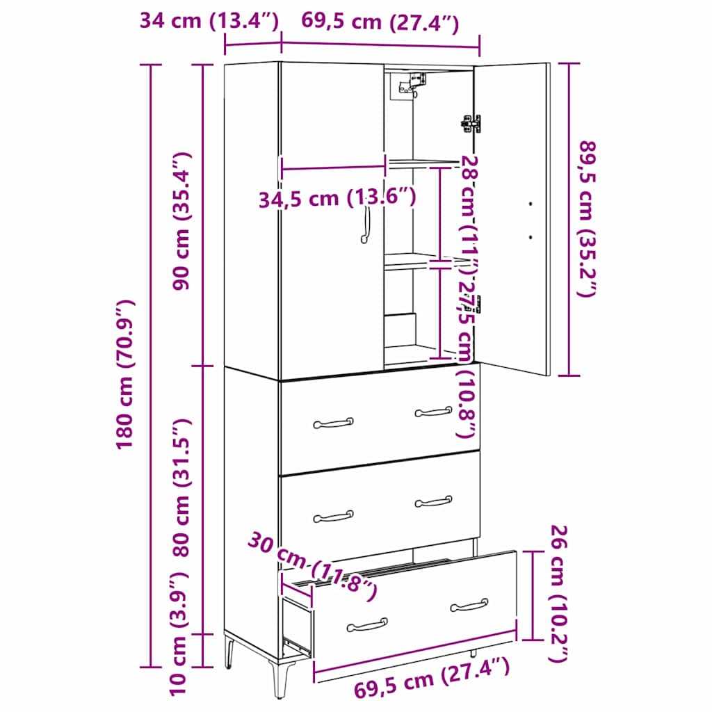 Wall Mounted Highboard Reclaimed Wood Look 69.5 x 34 x 180 cm Particleboard