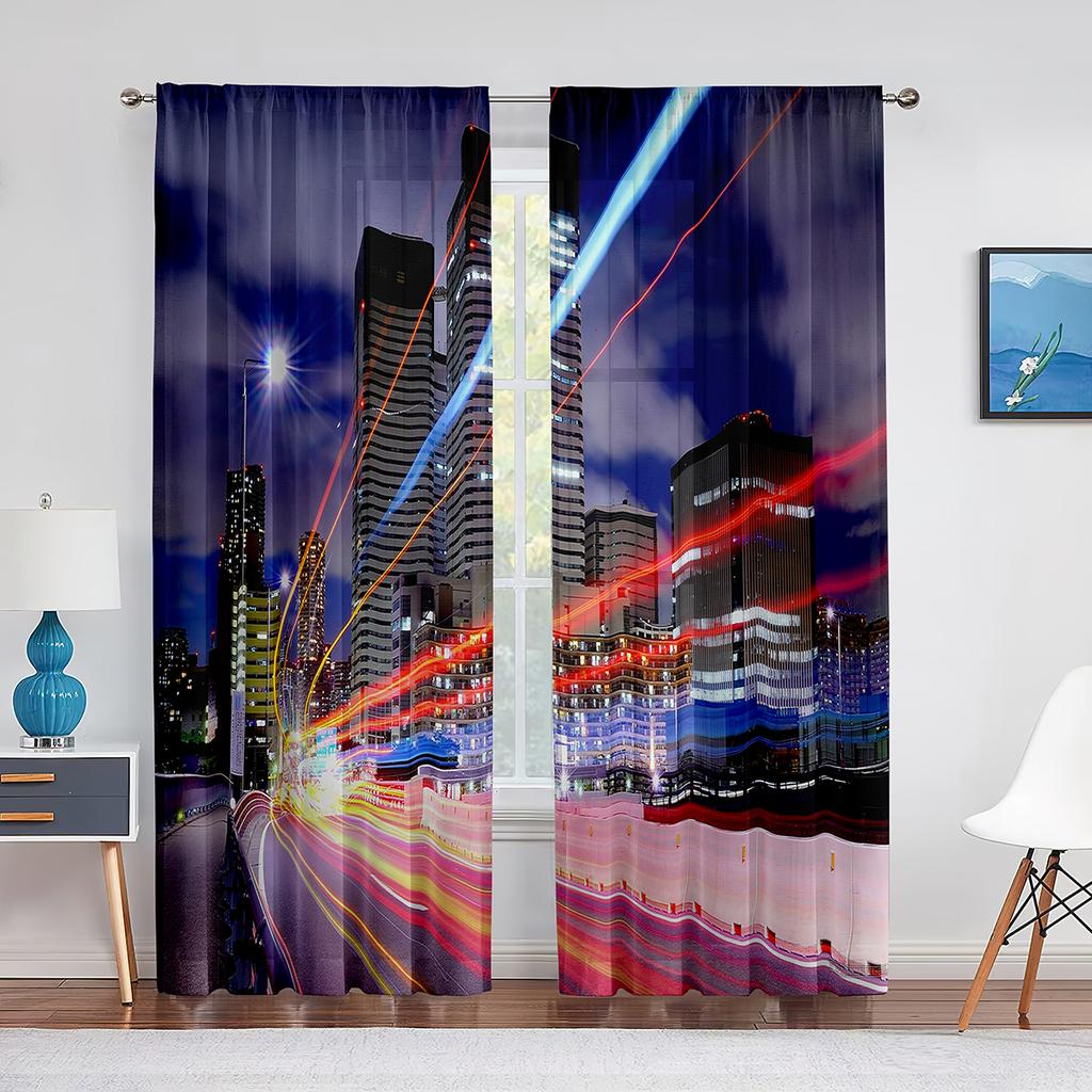 San Francisco Bay Bridge Stadsbild Skir Voilegardin USA Stad Natt Skyline Sceneri Utsikt Transparent Chiffong Tyllgardiner