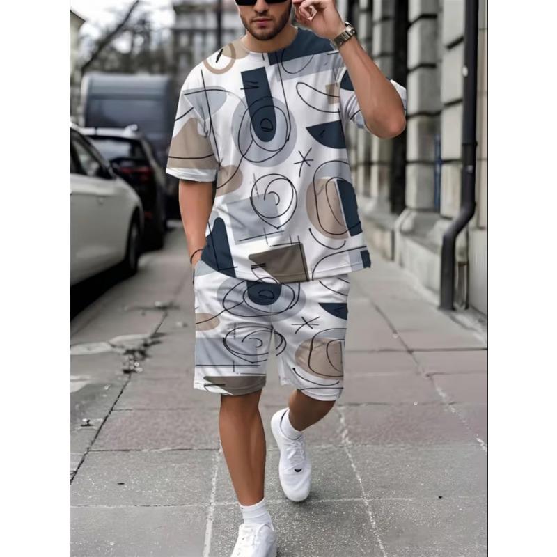 Urban Street Fashion Trend Men's Round Neck Short Sleeved Shorts Set, Outdoor Simple Casual and Comfortable