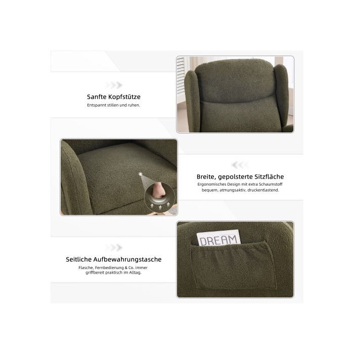 Fauteuil À Bascule, Fauteuil Inclinable, Repose-pieds Réglable, Dossier Haut, Tissu Ours En Peluche, Vert