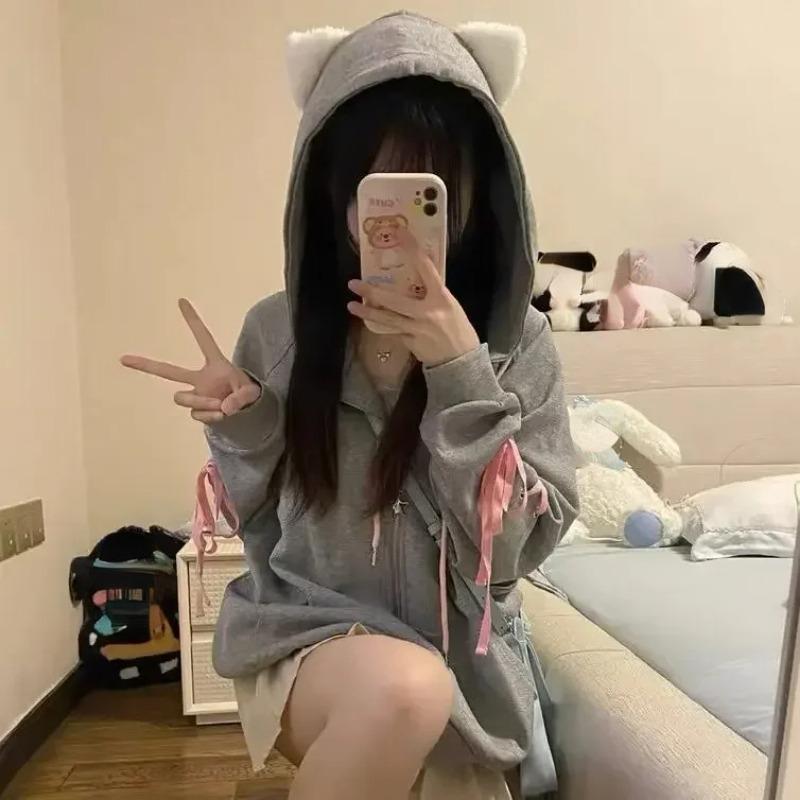 Mikina s kapucí Kawaii Sweet Harajuku Ženy Japonská móda Roztomilá kočka výšivka Pásky na zip Mikina s kapucí Soft Gril 2023