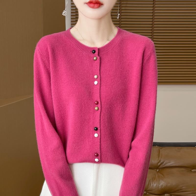 Spring and Autumn New Andy Velvet Cardigan Color Button Knitted Cardigan Women's Crew Neck Loose Sweater Jacket Soft Waxy Versatile Top