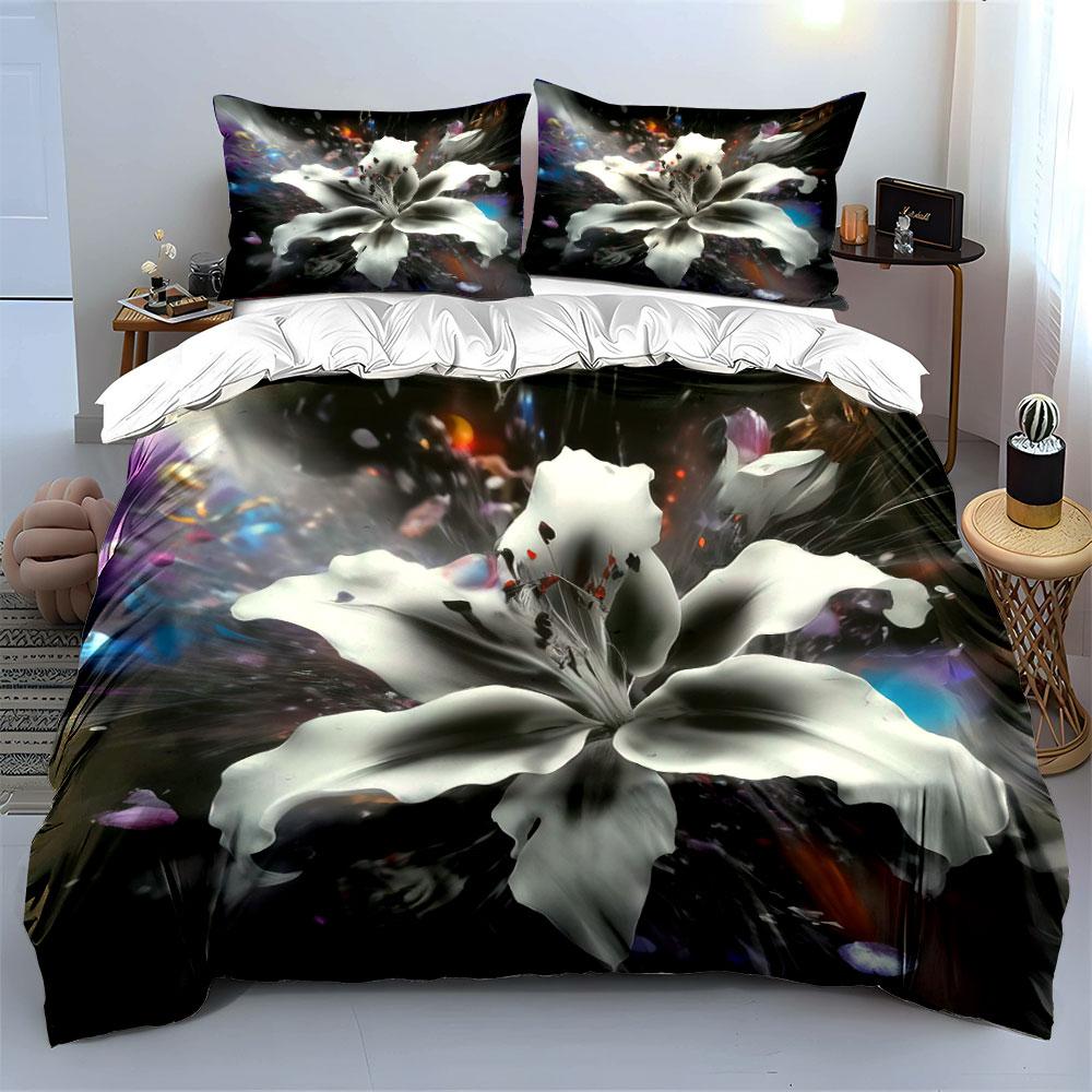 Abstract White Lily Flower Bedding Set 3pcs, Black Background Floral Art Duvet Cover Set, Aesthetic Soft Bed Linen for Bedroom