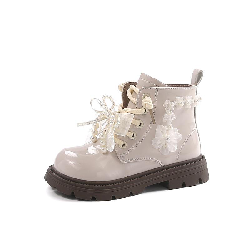 Botines Lisos de Niña Otoño Nuevo Flor de Perla Lazo Lindo Botas Martin de Princesa Botas Individuales