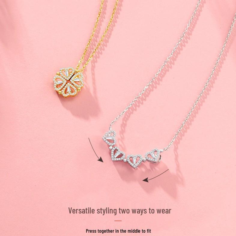 Neue wendbare herzförmige vierblättrige Kleeblatt-Halskette - Damenmodisch, zum Öffnen, kreatives Herz-zu-Herz-Design.