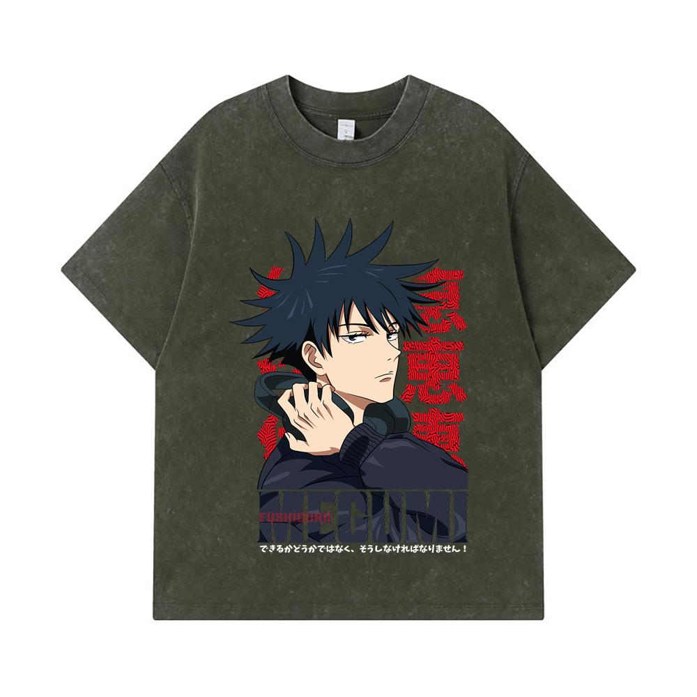 275 GSM Washed T-shirts 100% Cotton Jujutsu Kaisen V38 Megumi Print Unisex Heavy Cotton T Shirt