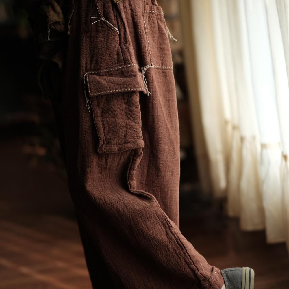Johnature Women Vintage Pants Spring Chinese Style Pockets Solid Color Loose Soft Elastic Waist Trousers