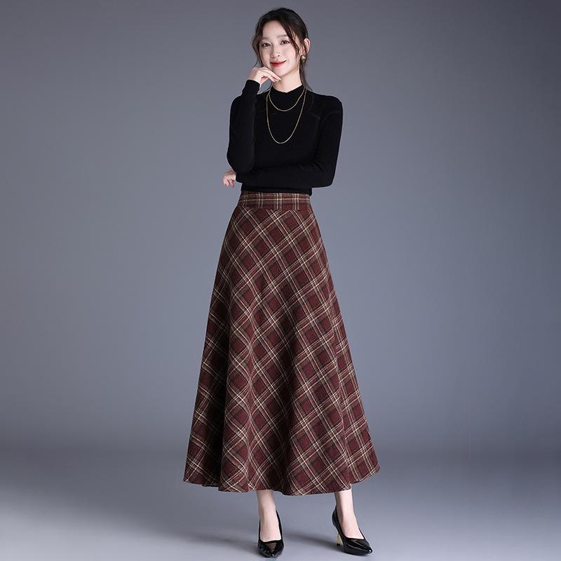 

Plaid Wool A-line Midi Skirt for Women - High Waist, Thickened, Autumn/Winter 3XL